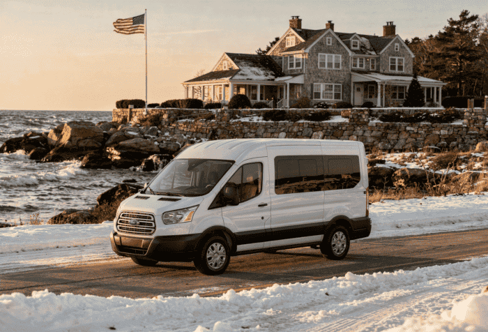 Ford Transit 15-passenger van on coastal Maine road in winter