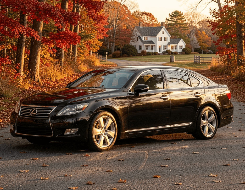 Black chauffeured Lexus sedan on a Maine Road with fall foliage
